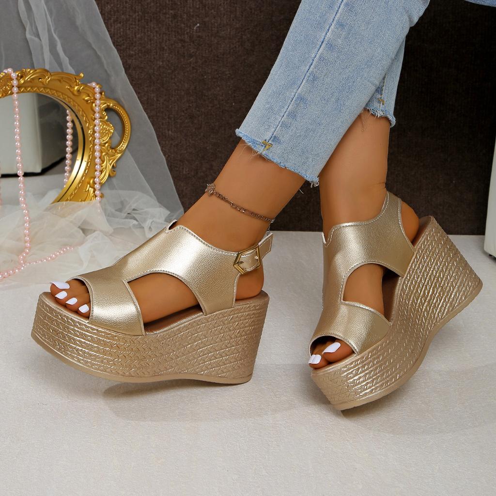 Französische Sandalen Damen Fischmaul Keilabsatz Ein-Knopf Römerschuhe Größe 43 2025 neu Feenstil Muffin-Schuhe 9cm