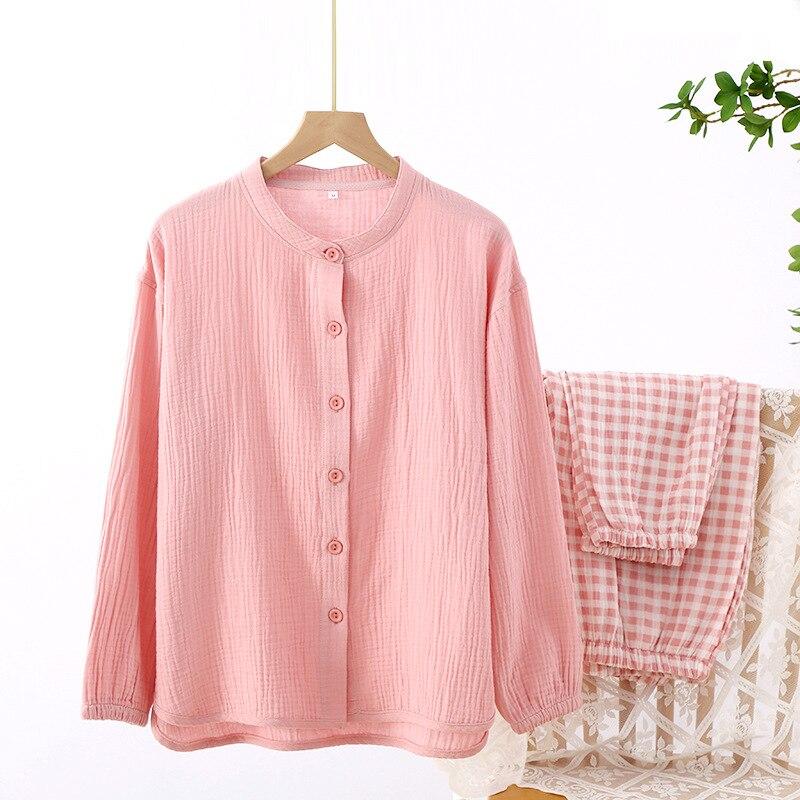 

Весенне-осенний женский пижамный комплект из чистого хлопка в японскую клетку, брюки из 100% хлопка с длинными рукавами, простой комплект домашней одежды из двух предметов XL розовый