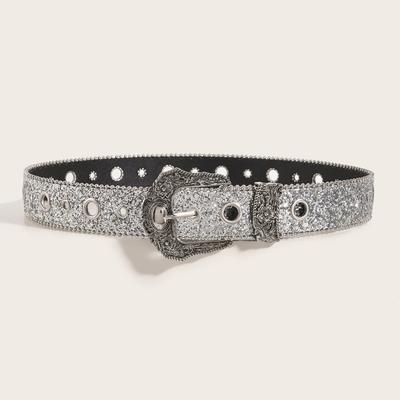 Carved Buckles Glittering Belt for Women Men Unisex Sequins Waistband All Matching Belt for Everyday Use Various Outfit