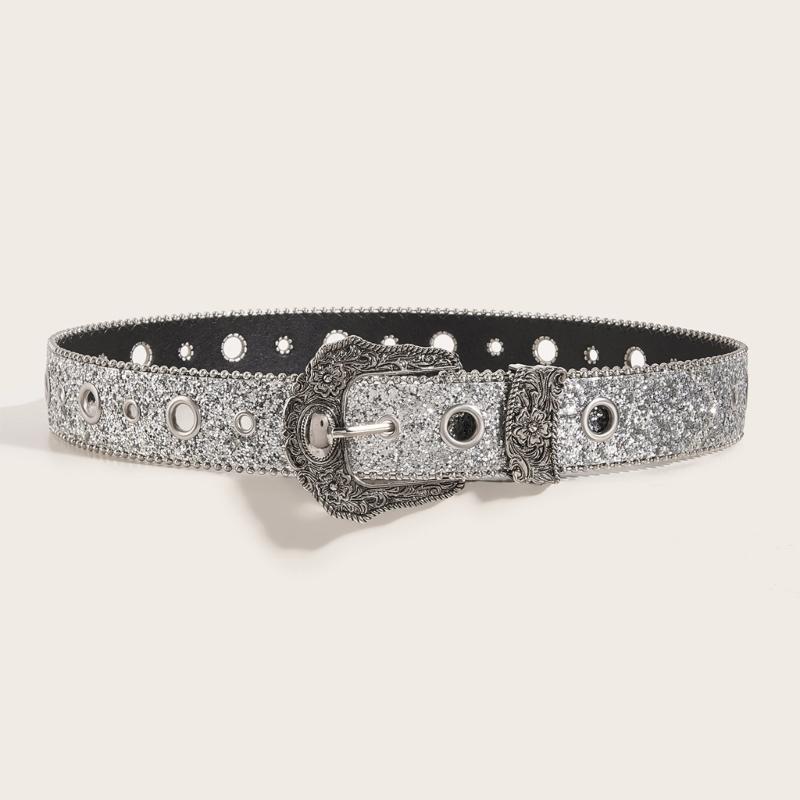 Moderne geschnitzte Dornschließe Gürtel für Damen Funkelnde Pailletten PU-Taillengürtel für Hosen Jeans Lässig Formelles Taillenaccessoire