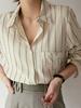 Retro Striped Long Sleeve Shirt with Fold Collar and Pocket - Korean Casual Spring/Summer Style