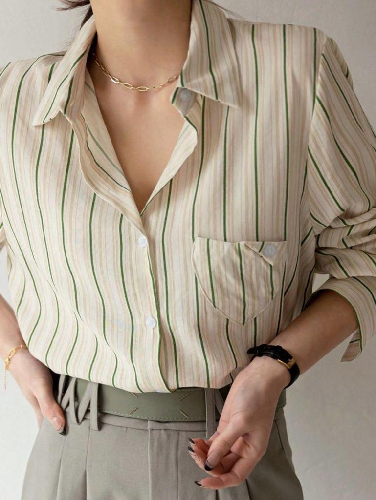 Retro Striped Long Sleeve Shirt with Fold Collar and Pocket - Korean Casual Spring/Summer Style
