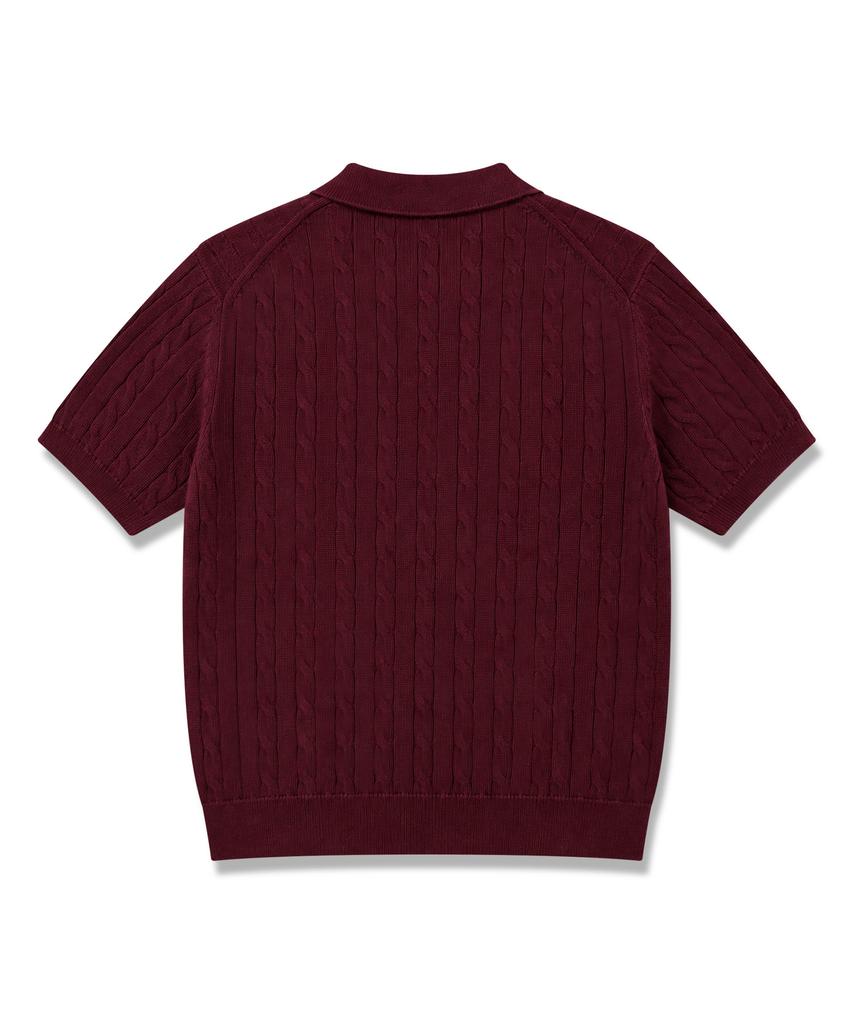 ORIGINALDAY Cotton Cable Short Sleeve Collared Knit Burgundy