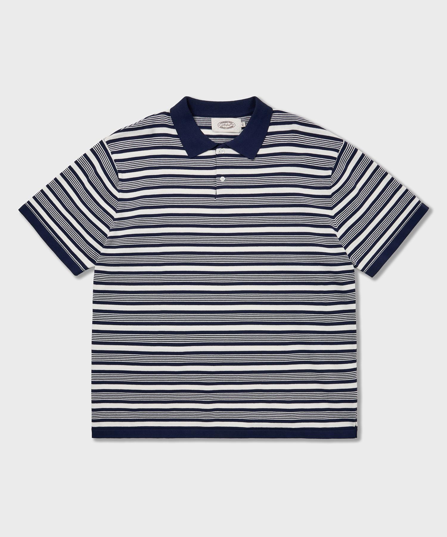 70S Multi-Stripe Cotton Knit Polo Shirt Navy Navy/Xlarge