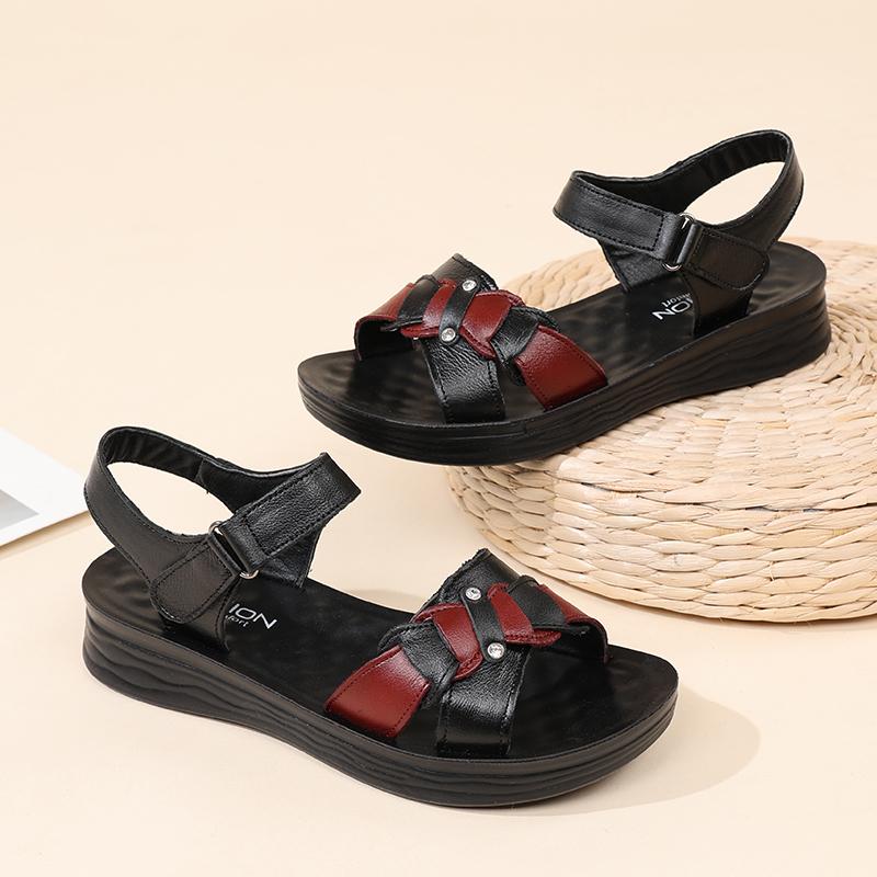 Top layer cowhide mother sandals summer new soft soled non slip women's shoes flat bottomed comfortable versatile leather shoes