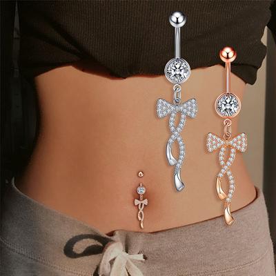 Bow Twist Navel Belly Ring 1.6*10mm Curved Barbell Dangled Belly Button Ring 14G Stainless Steel Zircon Crystal Body Piercing