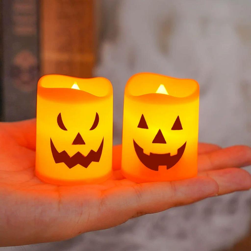 LED Electronic Candle Lights Halloween Pumpkin Face Flickering Flameless Candles Decorative Battery Operated Party Lighting Set