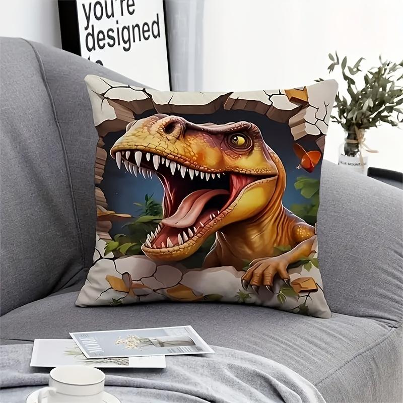 1Pc T-Rex Breaking Through Wall Printed Throw Pillow Cover,Suitable For Sofa,Bedroom,Living Room,A Unique Gift For Dinosaur Fans