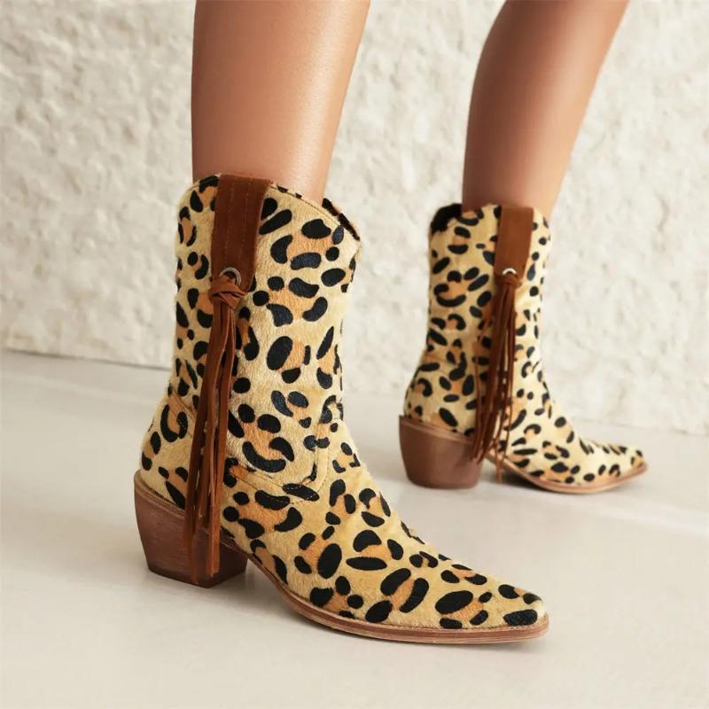 Fashion New Vintage Pointy Toe Horsehair Cowboy Boots Women Retro Leopard Block Heels Slip on Shoes Big Size 43