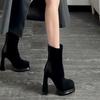 Retro splicing thick heel short boots women's waterproof back zipper super high heel elastic boots square head thin suede boots