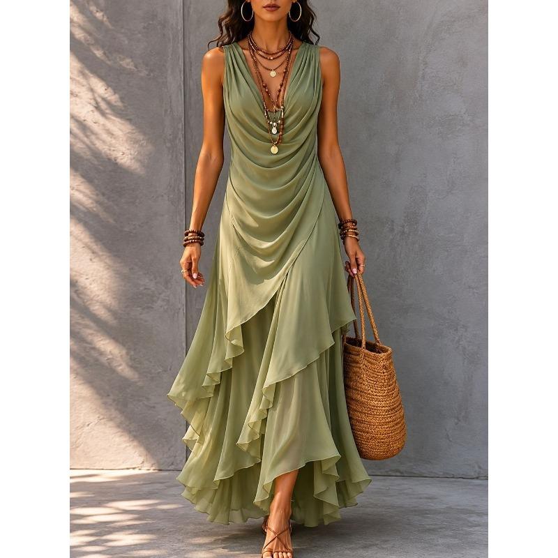 GMXIA Women's Fashion Summer Spring V-Neck Sleeveless Solid Color Print Casual Dresses