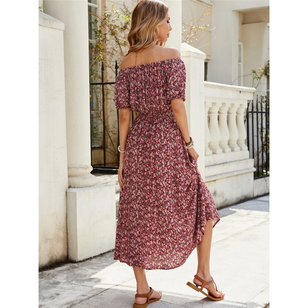 Summer New Floral One Shoulder Short Sleeve Dress Holiday Waisted Big Swing Dresses