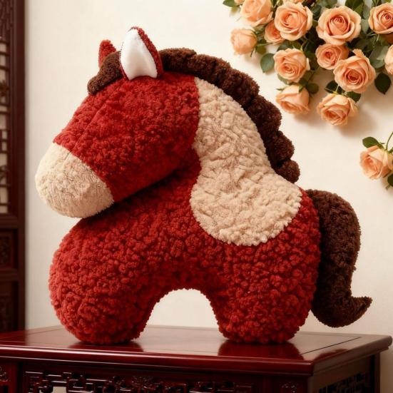Horse Pillow Red Plush Pony Throw Pillow 18.9 Inch Soft Decorative Cushion for Sofa Bedroom Living Room Year of The Horse Home Decor
