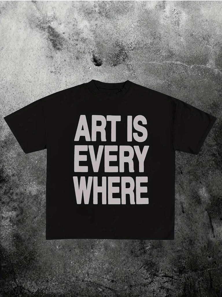 Unisex T-shirt z nadrukiem Art Everywhere Żółty Okrągły dekolt Krótki rękaw Odważny geometryczny wzór Swobodny letni styl