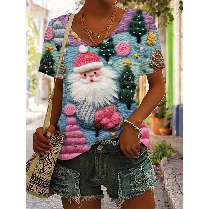 Womens V-Neck Short Sleeve T-Shirt With 3D Printed Striped Loose Fit Casual Chic Top 2025