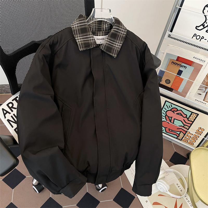 Men s Early Spring Retro Brown Faux Two-Piece Lapel Plaid Bomber Jacket by Meilade 2XL (for 140-155 lbs)