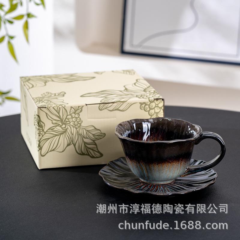 Hand-Painted Kiln Lower Color Flower Ceramic Coffee Cup And Saucer Design Sense Niche Women High Value Latte Cup