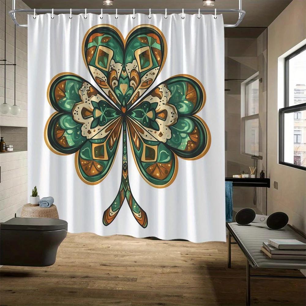 

St. Patrick S Day Shower Curtain - Shamrocks, Green Hat & Floral Design, Rustic Trendy Bathroom Decor W60H190(CM)-1 Pcs