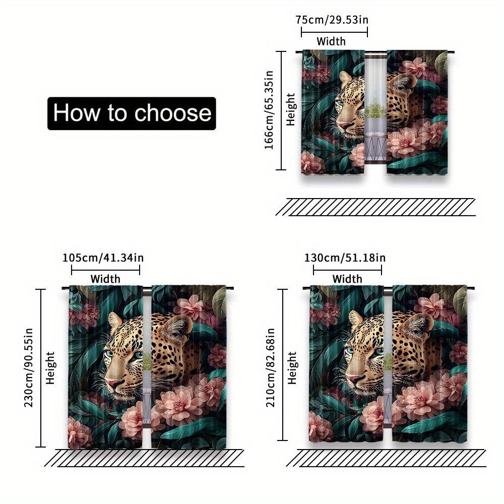 2Pcs Polyester Jungle Leopard Floral Printing Window Curtains Birthday Party Decoration Backdrop Drapes for Living Room