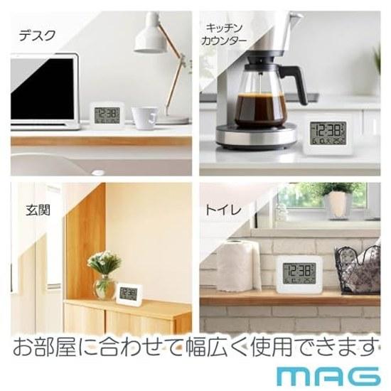MAG Alarm Clock Radio-Controlled Desk Compact Small Digital Thermometer Calendar Electronic Sound Snooze Light White Approximately 6.2 cm tall 7.8