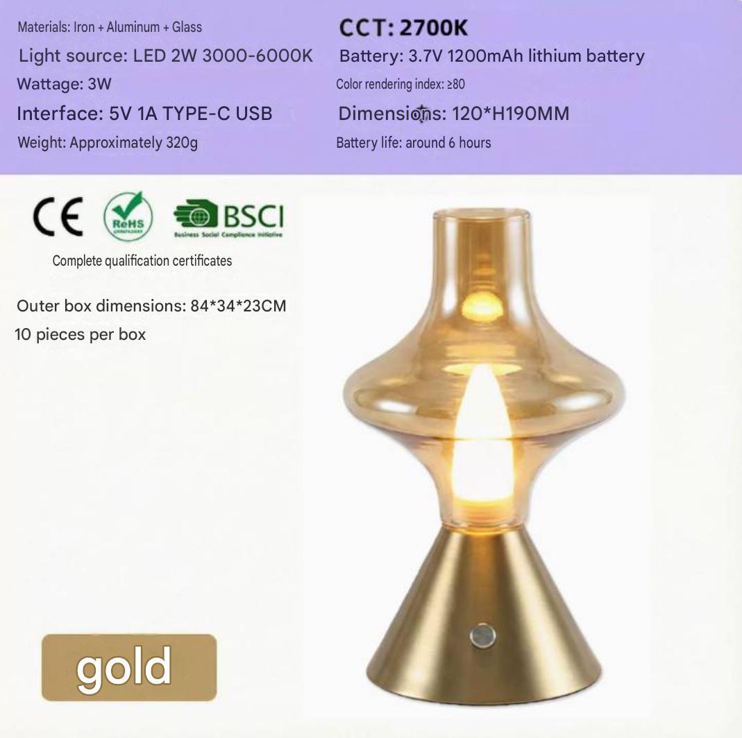 Bar, Cafe, Restaurant Simple Retro Rechargeable Glass Table Lamp, Night Light, Rechargeable Decorative Desk Lamp 3&Usb