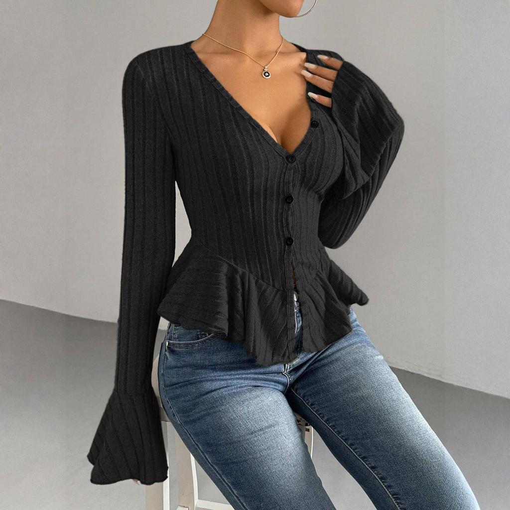 Women's V-neck Ruffled Solid Color Long-sleeved T-shirt Top