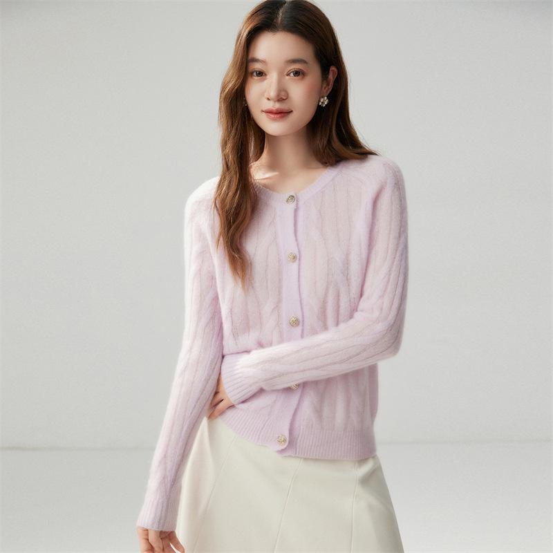 Women's Round Neck Button-Up Cardigan: 75% Cashmere, 25% Mulberry Silk, Cable Knit, Long Sleeve Sweater Coat