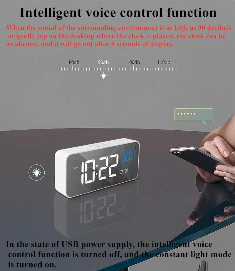 Voice Control Digital Alarm Clock TEMP 2 Alarms Snooze Night Mode Table Clock Power Switch 12/24H Rechargeable Music LED Clock.