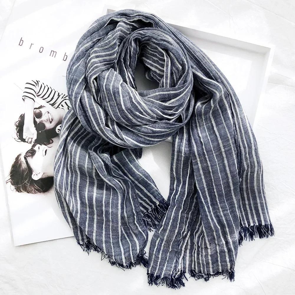 New 190*80cm Artistic Style Striped Cotton Linen Scarf Shawl Men's and Women's Same Style Mori Foulard En Mousseline Scarves