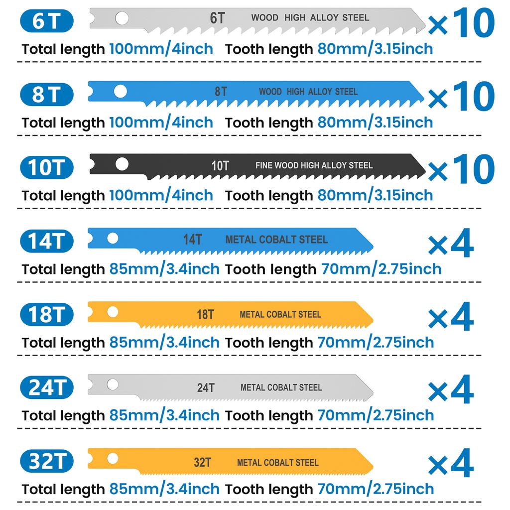 77/42PCS U Shank Jig Saw Blade Set Hcs/Hss Assorted Saw Blades Sharp Fast Cut 6t 8t 10t 14t 18t 24t 32t for Cutting Wood Metal