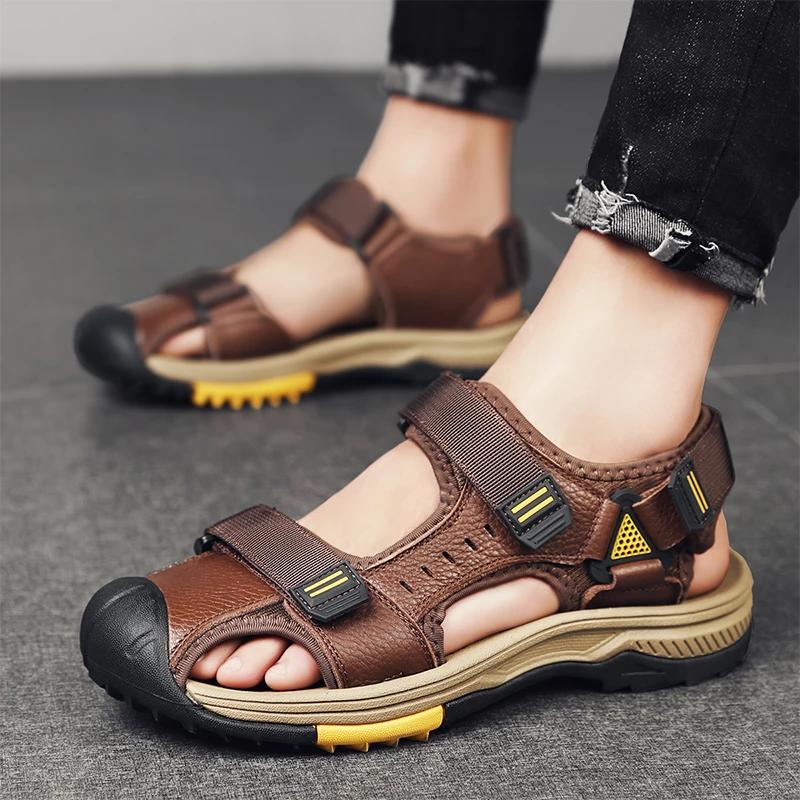 Summer Breathable Genuine Leather Men Sandals Waterproof Non-Slip Large Size Flip Flops Beach Shose For Outdoor Anti-Collision