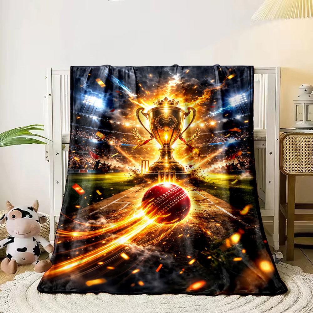 

A trophy glowing with flames, surrounded by a cricket ball and stadium. for all seasons blanket lunch break throw gift 80cm x 120cm
