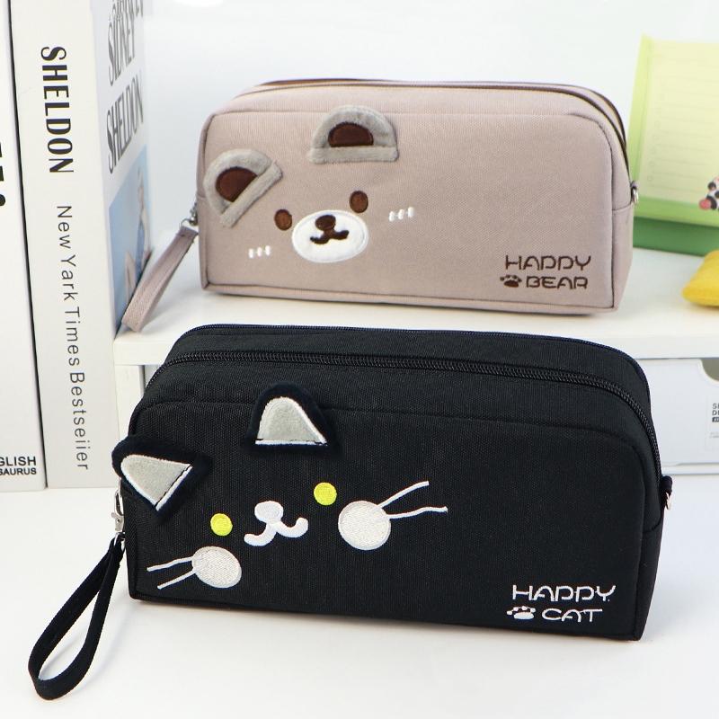 Black and white cat cute pencil bag Portable stationery bag with pen insert mesh bag Large capacity school supplies storage bag