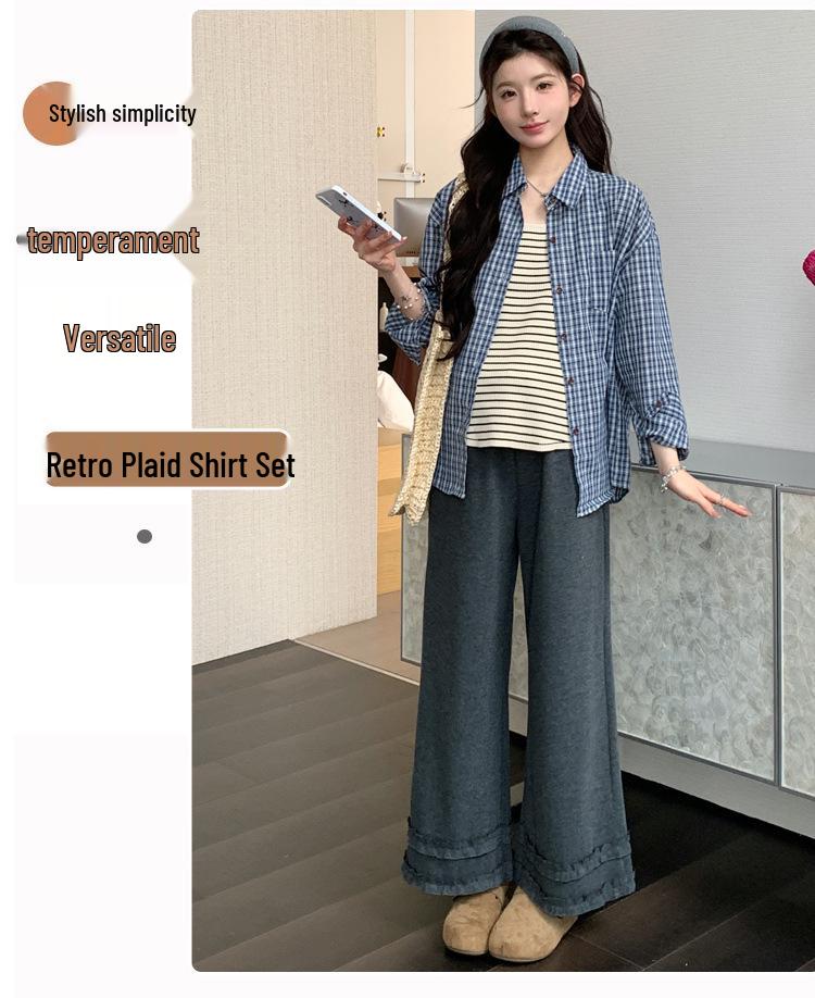 Spring 2026 Maternity Fashion: Plaid Shirt, Striped Vest & Wide-Leg Pants Set