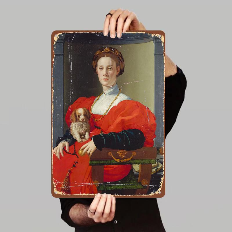 

Renaissance Noble Lady with Pet Dog Vintage Oil Painting Custom Metal Tin Wall Art Decor for Living Room 7.9x11.8In(20x30cm)