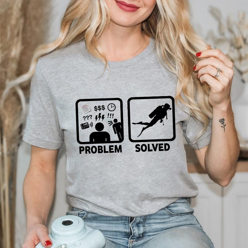 Funny Problem Solved Diving Graphic T-shirt Women Summer Clothes T Shirt Short Sleeve Solved Diving Graphic Shirt Clothing