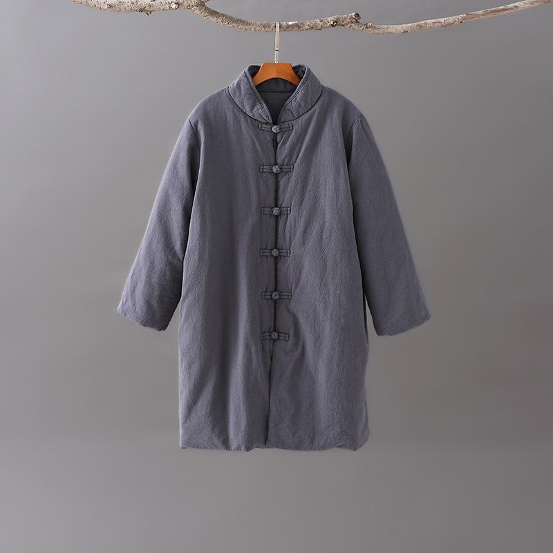 Winter new loose retro stand-up collar buckle linen medium and long cotton-padded women's warm cotton-padded clothes