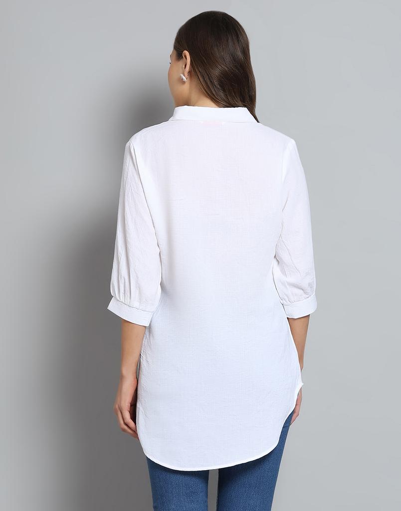Monte Carlo Womens Self Design White Collar Neck 3/4 Sleeve Top