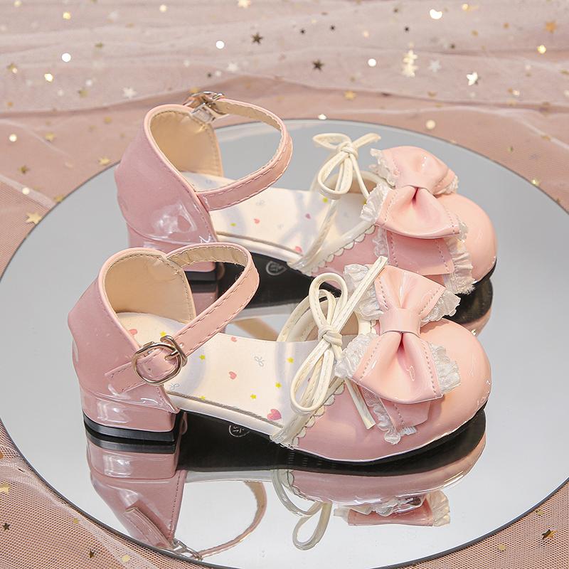 Girls Dance Shoes Lolita Sweet Lace Bows Kids Half Sandals Round Toes Ins Trendy 2025 New Children Princess Shoes Elegant Cute
