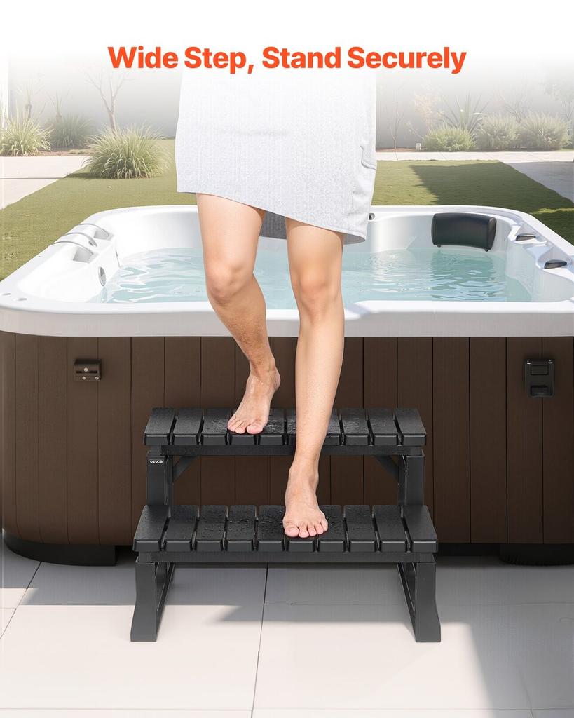 Hot Tub Step, 2-Step Spa Outdoor Stairs, Heavy Duty 599.5 mm Wide PP Above-Ground/Inflatable Pool Ladder with 145.2 kg Weight Capacity, Multi-Use for