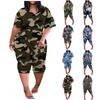 Women's Casual Plus Size  Camouflage Print  Short Sleeve V-Neck Five-Point Jumpsuit With Pockets