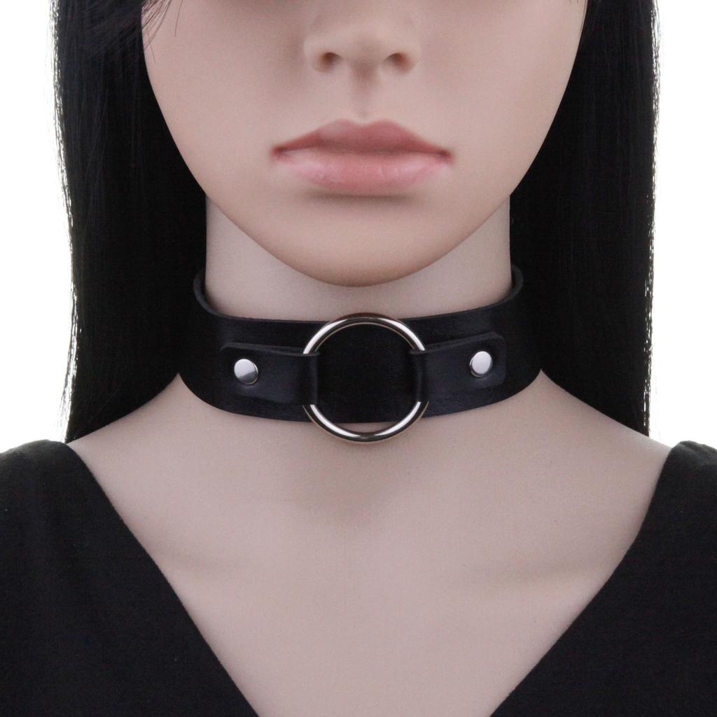 Unisex Round Ring PU Leather Choker, Harajuku Punk Adjustable Neck Collar