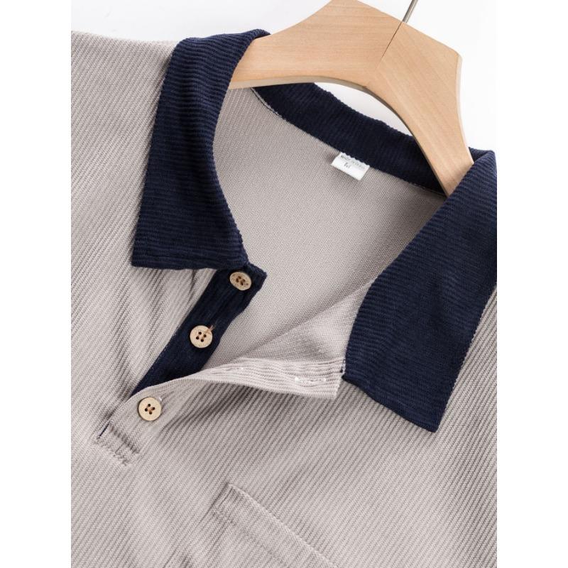 Autumn Winter Casual Texture Corduroy Fabric Contrasting Single Breasted Long Sleeved Men's Fashion Casual POLO Shirt
