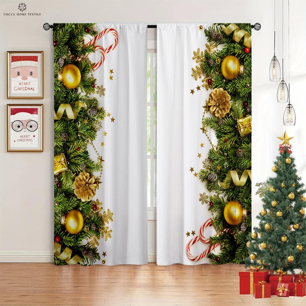 Christmas Window Curtains, New Year Gifts, Room Decoration, Suitable for Kitchen, Bedroom, Living Room, 2Pcs