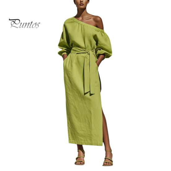 Summer Maxi Dress Women One Shoulder Long Dress, Solid Color Tie Waist Side Split Casual Party Sleeve for Dresses