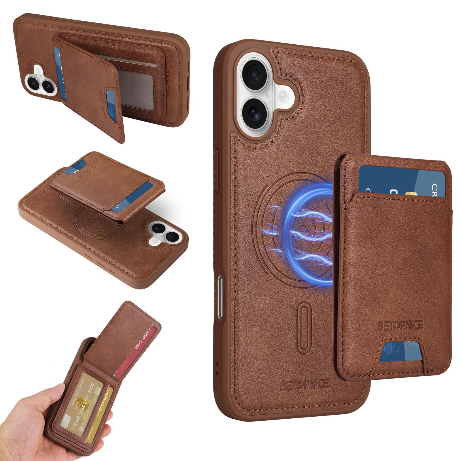 

For iPhone 16 Plus Magnetic Case BETOPNICE RFID Blocking Leather Phone Back Cover with Detachable Card Bag Brown