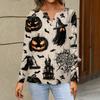 Women's Halloween Print Long Sleeve V-Neck T-Shirt with Decorative Buttons for Casual Wear