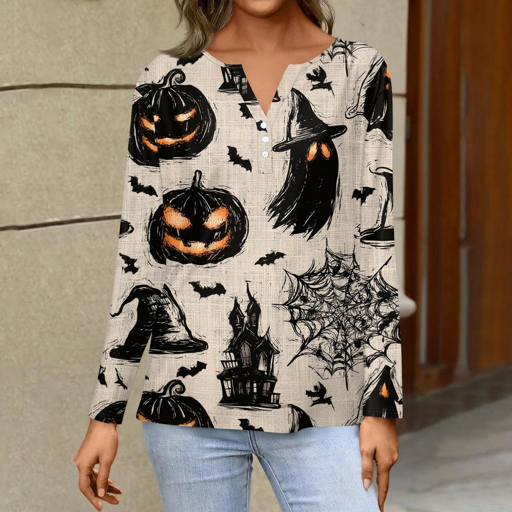 Women's Halloween Print Long Sleeve V-Neck T-Shirt with Decorative Buttons for Casual Wear