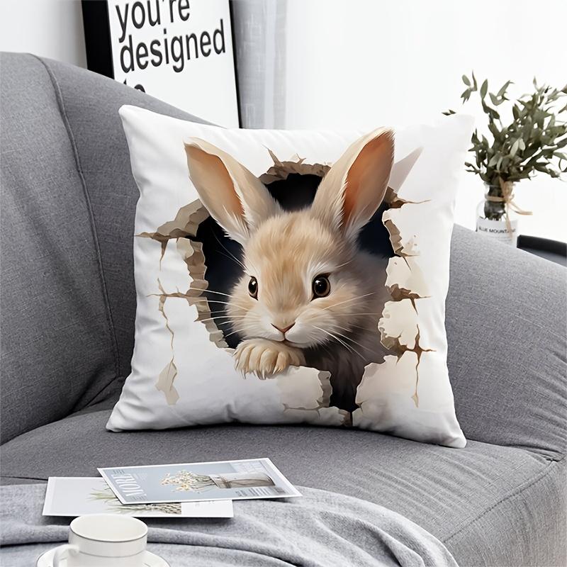 2D Effect Easter Bunny Pillow Cover Cute Peeking Rabbit Print Soft Cozy For Sofa Bed Living Room Spring Easter Decor Gifts
