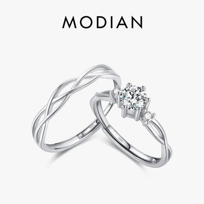 MODIAN Real 925 Sterling Silver Simple Line Wedding Couple Ring Adjustable Size 6-9 Statement Jewelry For Women Anniversary Gift